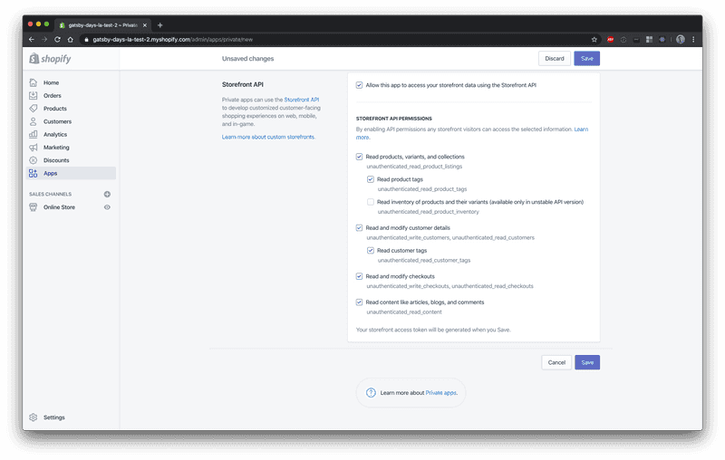 A screenshot of creating a new Shopify app, enabling Storefront API permissions, including enabling 'Read Product Tags' and 'Read Customer Tags'